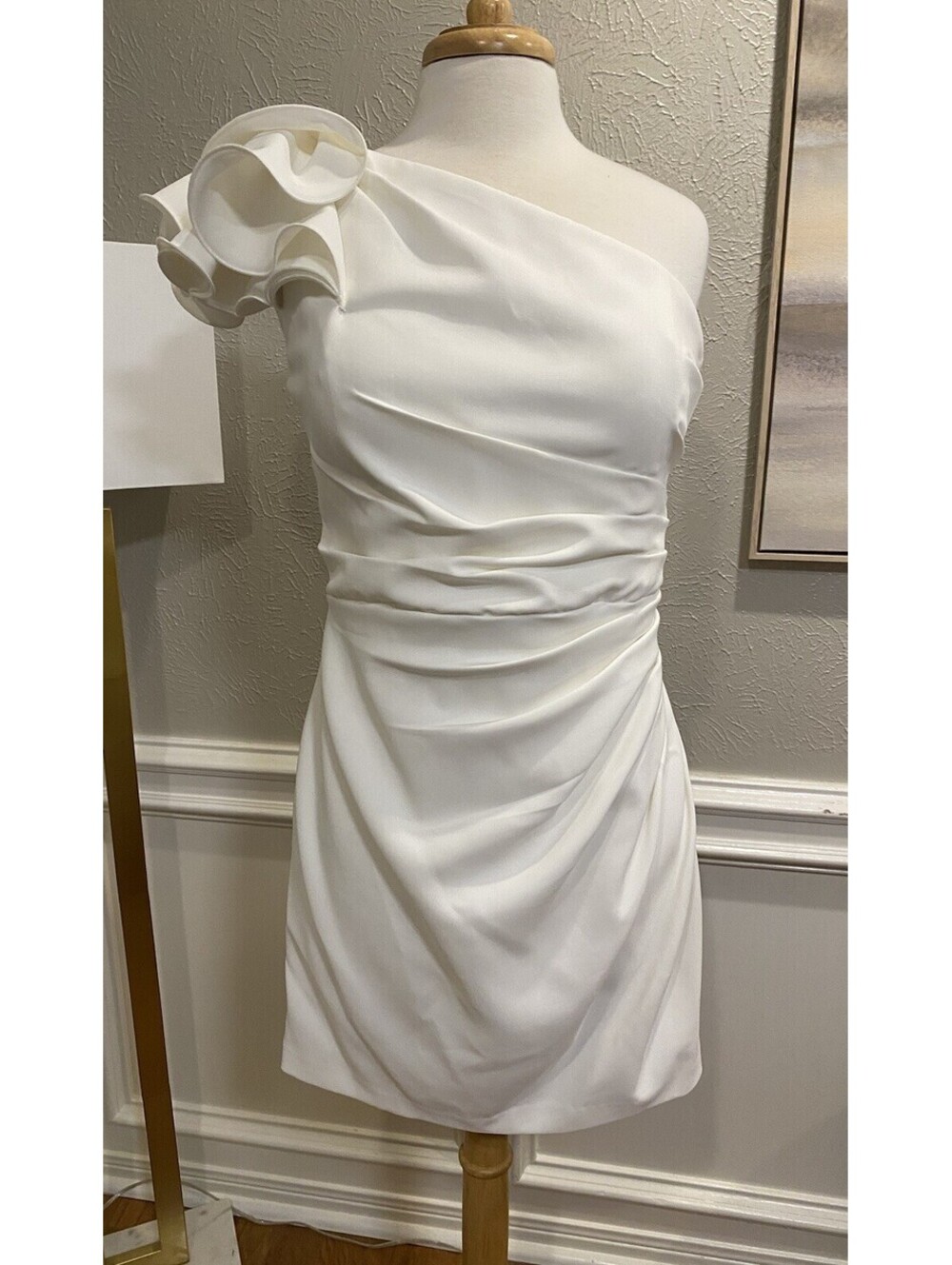 Madeline Gardner Bridal Ruffle Mini Dress Sz. 14 Wedding White One Shoulder MGNY
